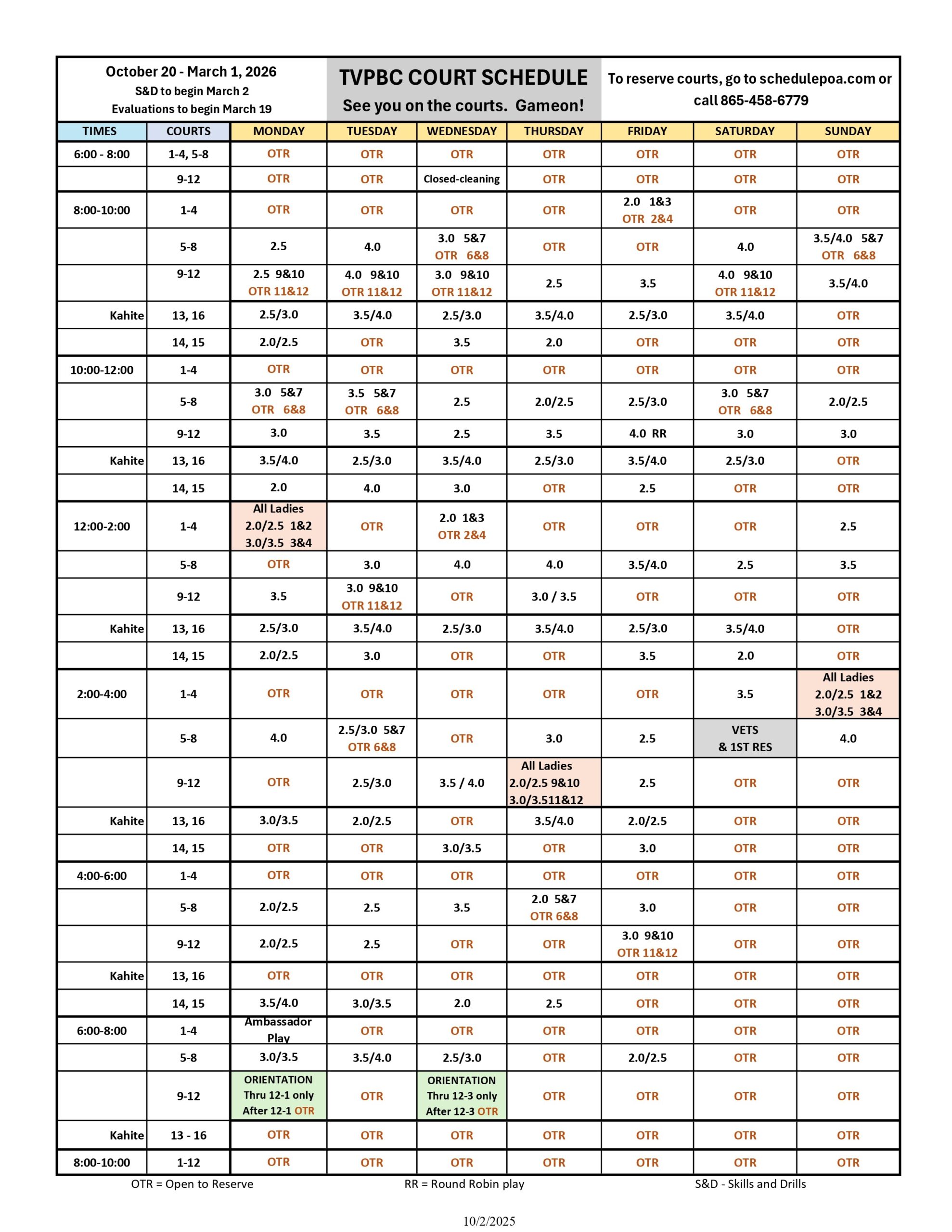 TVPBC Schedule Winter 25-26